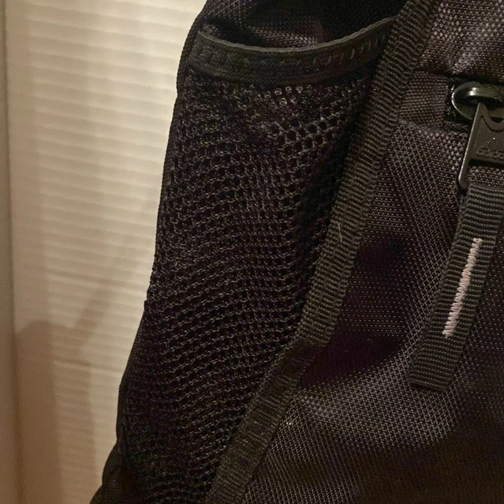 Adidas black w/ 3 gray stripe polyester Drawstring Backpack front zip pocket